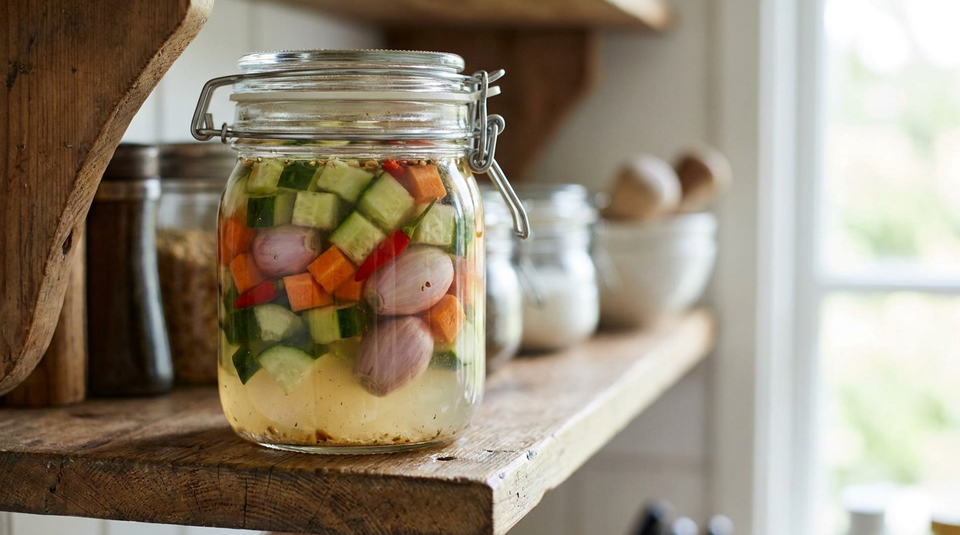A clear glass jar filled with Indonesian acar containing diced cucumber, carrot cubes, whole shallots, and small red bird's eye chilies in pale yellow pickling liquid, sealed with a lid and placed on a wooden kitchen shelf with natural light