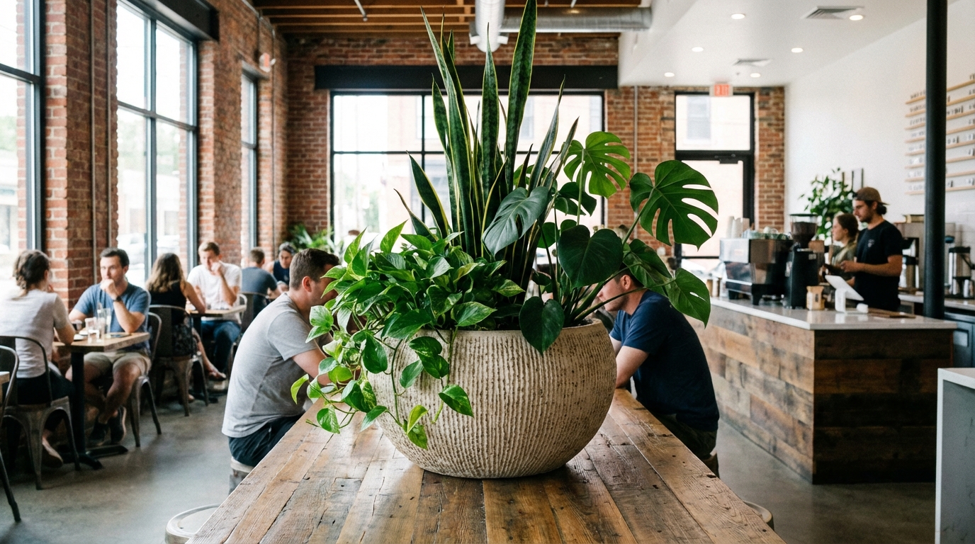 Pothos, snake plant, and monstera in pots for cafe interior