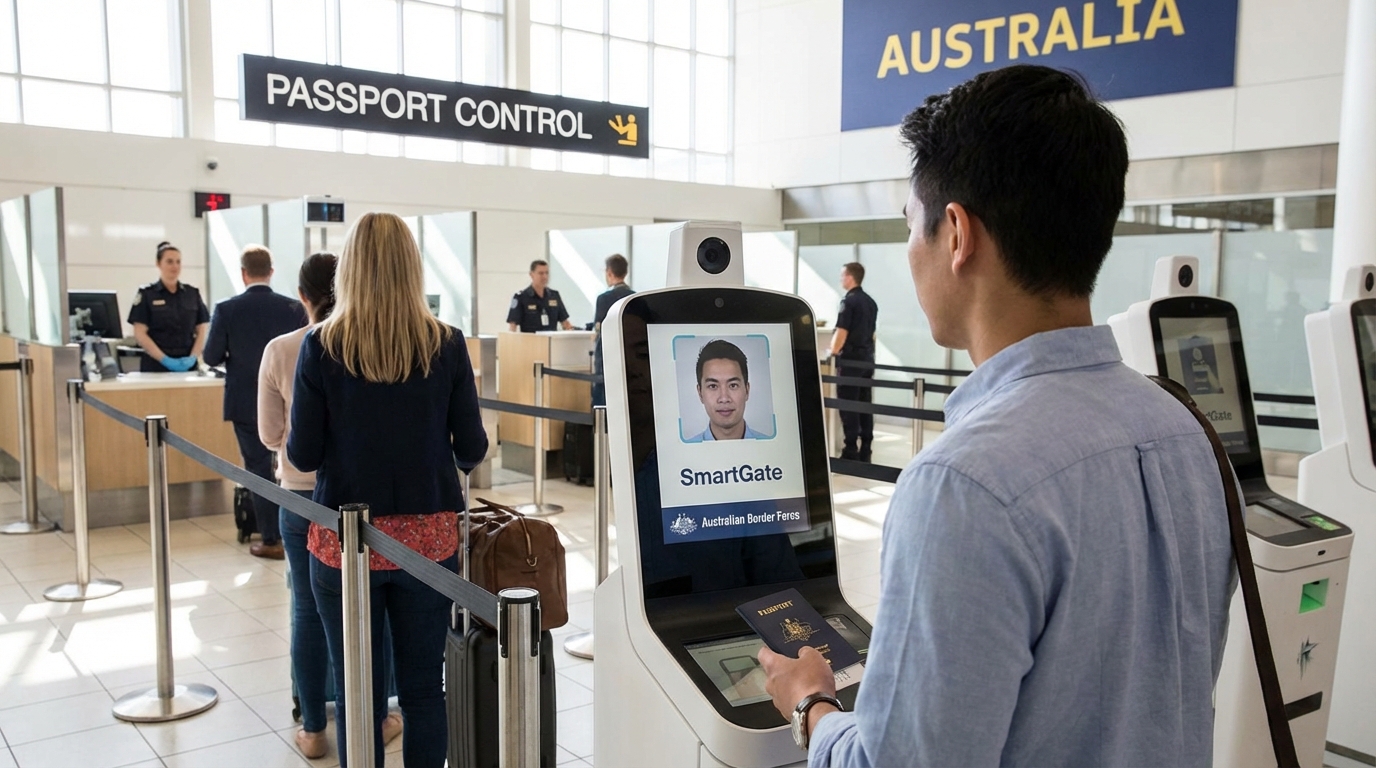 SmartGate automated passport control kiosk at Australian airport immigration