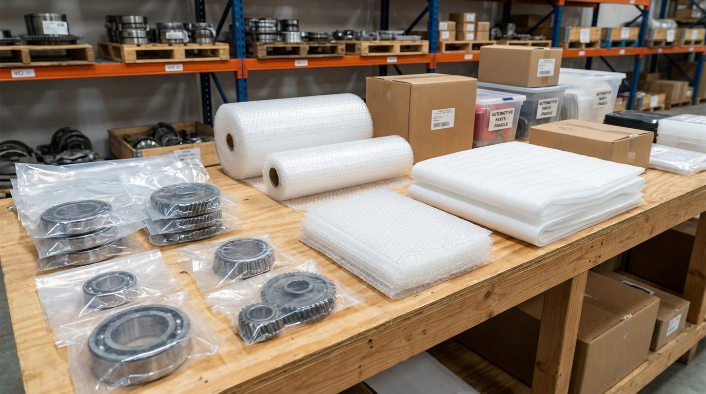 Berbagai jenis kemasan plastik untuk spare parts otomotif tertata di meja gudang — kantong VCI transparan berisi bearing logam, bubble wrap, dan PE foam sheet
