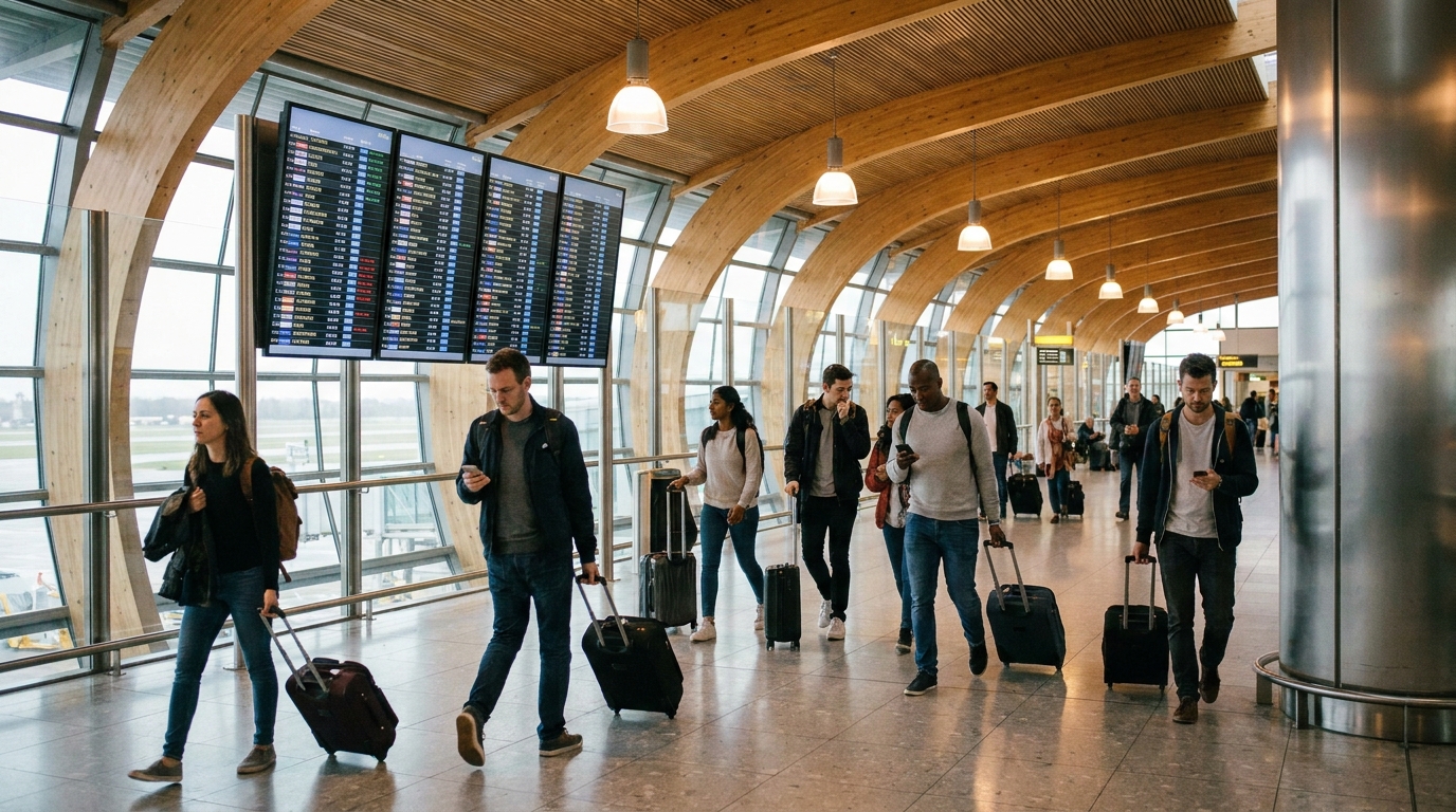 An international airport transit area with travellers walking past flight information display screens, modern terminal architecture, warm interior lighting, photographed at eye level