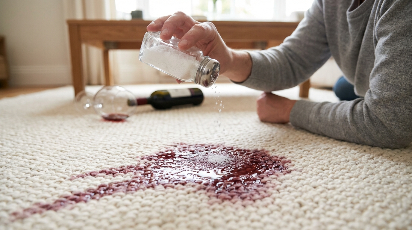 Tangan seseorang menaburkan garam putih di atas noda merah tumpahan minuman di karpet warna krem