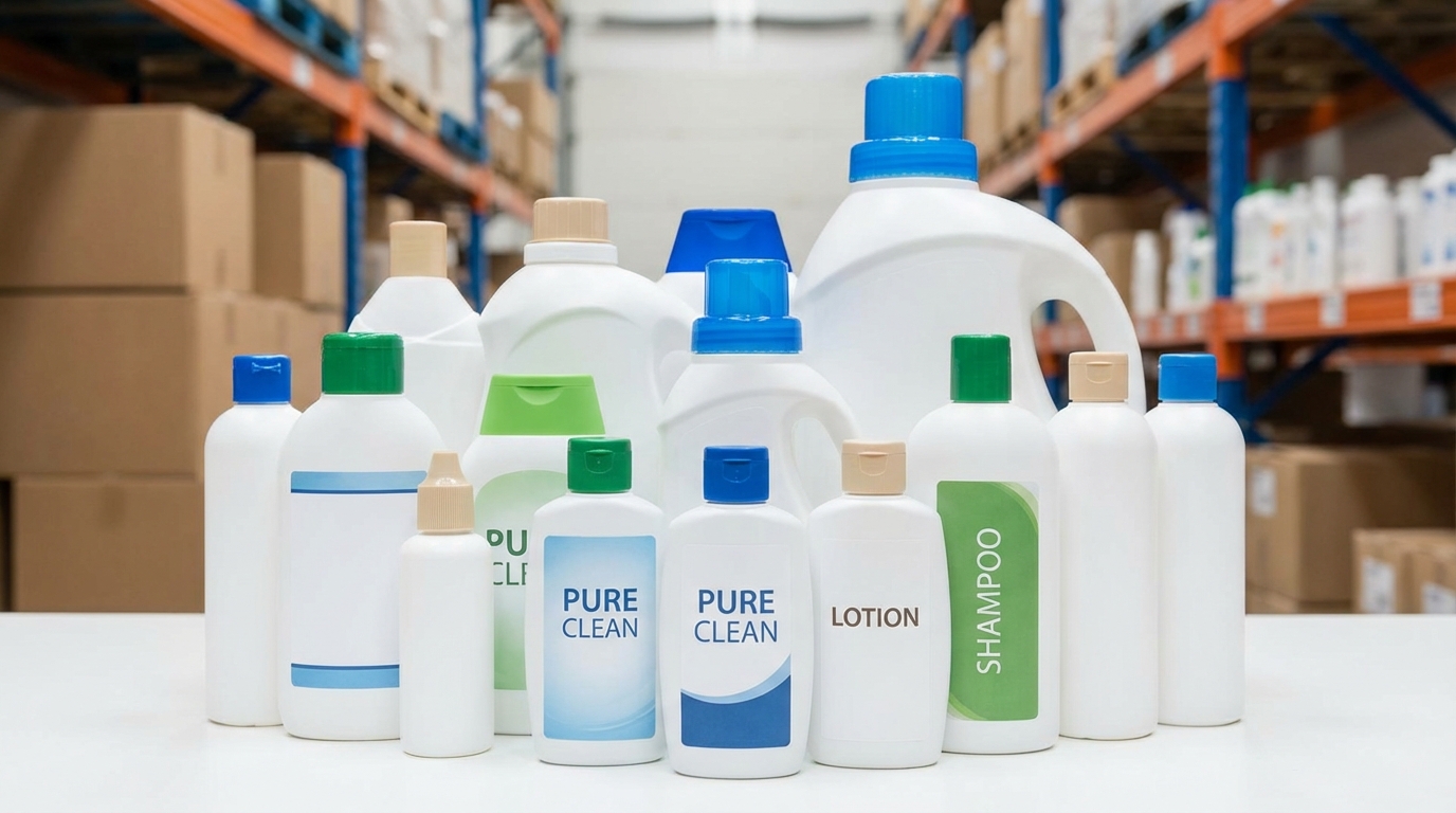 Opaque white HDPE plastic bottles for shampoo and personal care products