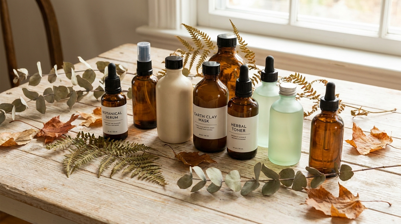 Beberapa botol kemasan skincare berwarna cokelat, krem, dan hijau muda ditata di atas meja kayu terang dengan daun kering di sekitarnya