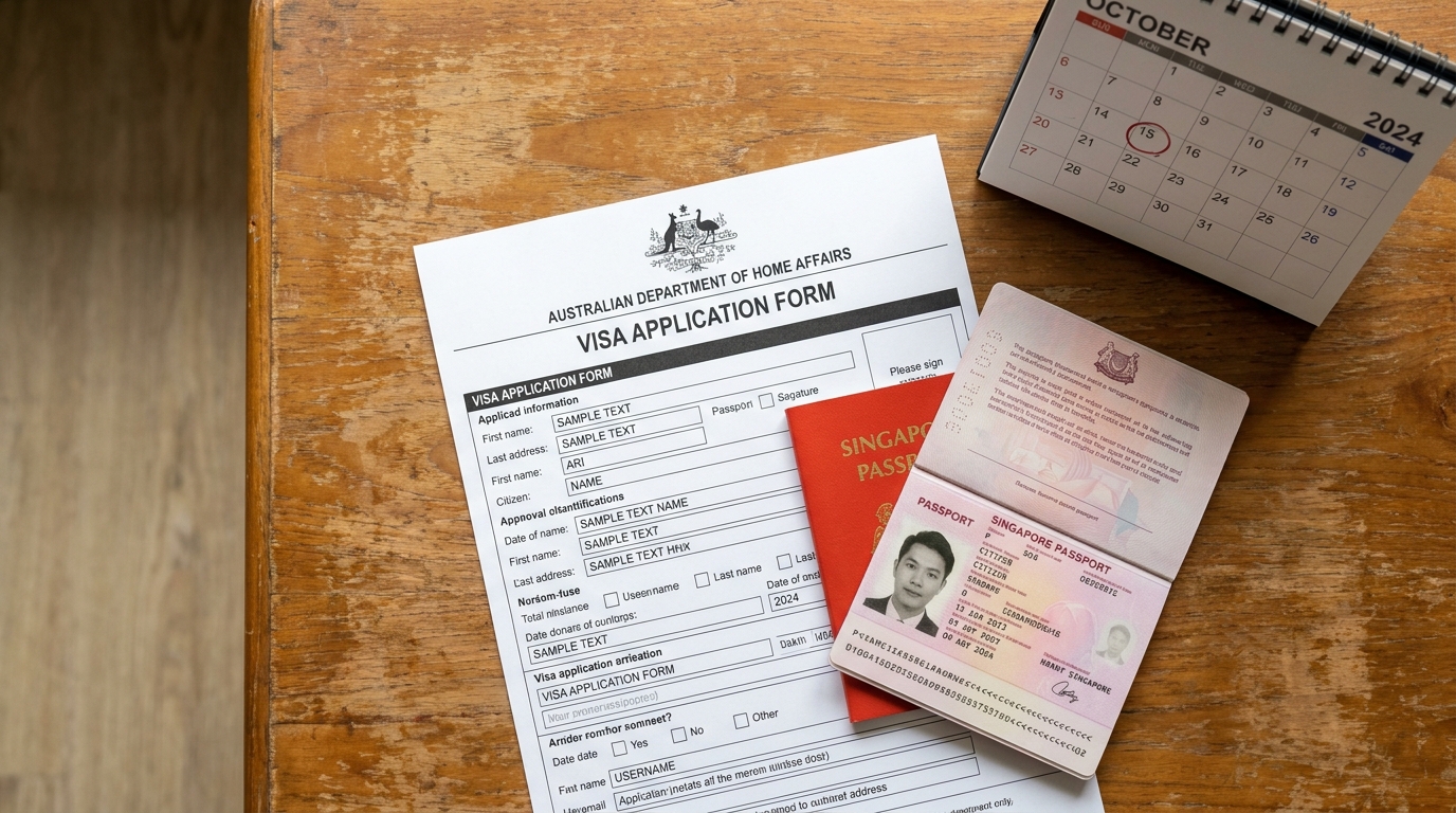 An Australian Department of Home Affairs visa application form printout and a Singapore passport arranged on a wooden desk, a calendar visible in the corner, photographed from above in natural daylight