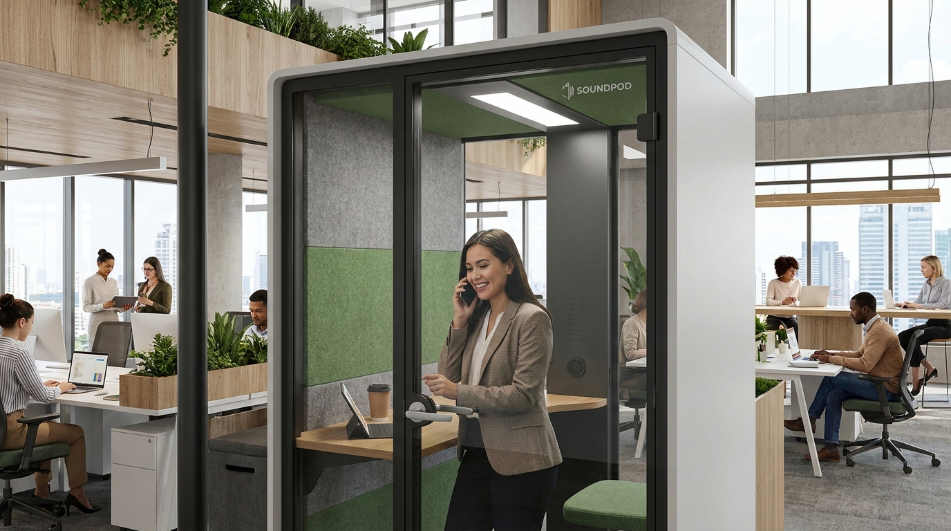 A soundproof phone booth pod installed on the edge of a modern open-plan Jakarta office, with a single person inside taking a video call, acoustic felt interior visible through the glass door, other staff working undisturbed nearby