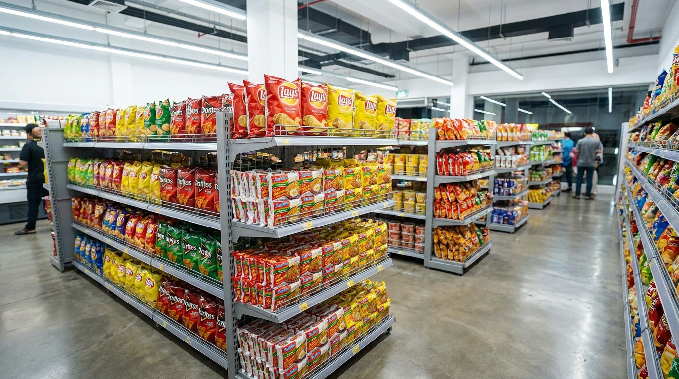 A minimarket snack aisle showing several bags of chips and instant noodles with bright red and yellow packaging arranged on shelves