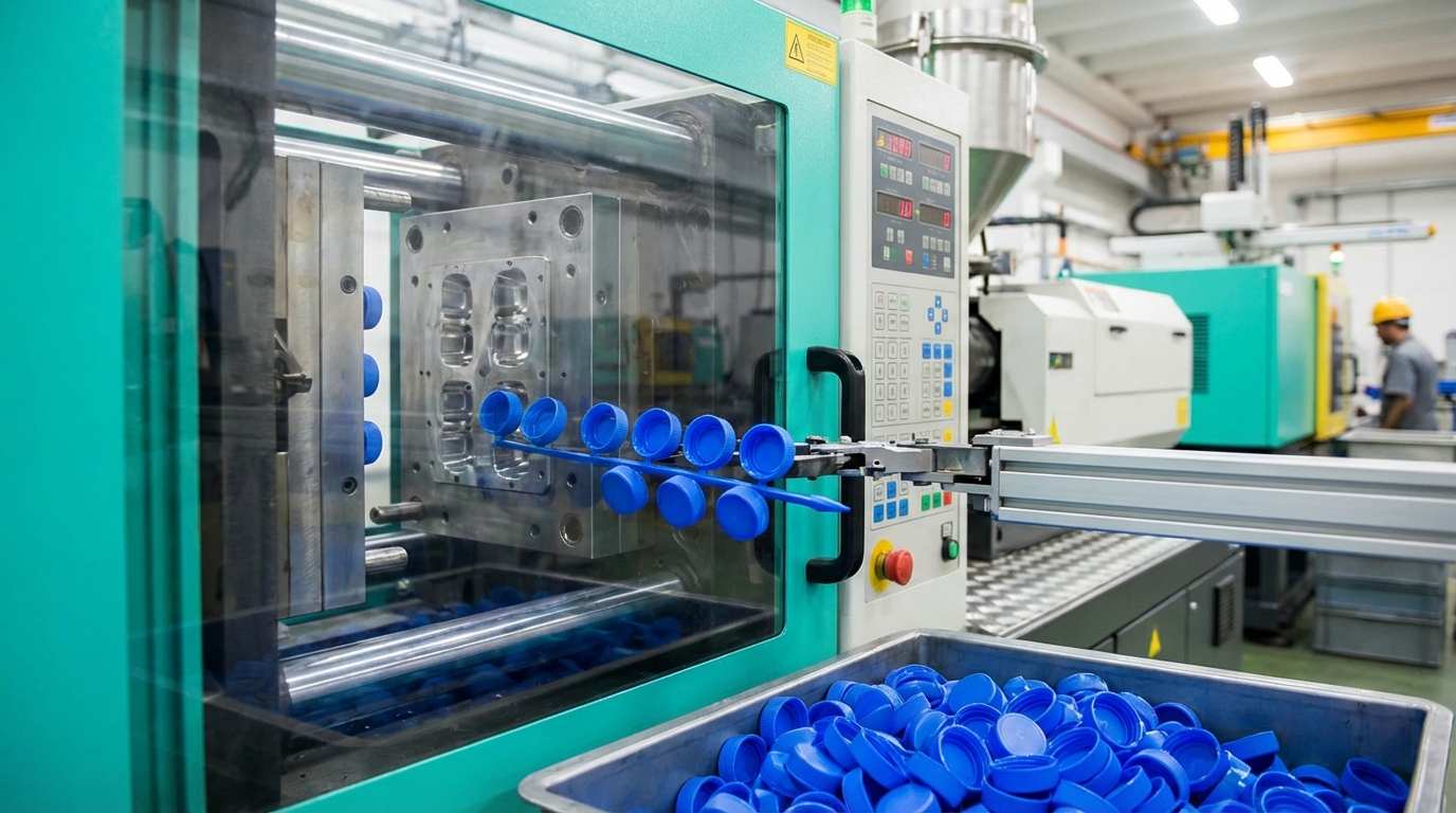 Injection molding machine producing plastic bottle caps with mold cavity visible