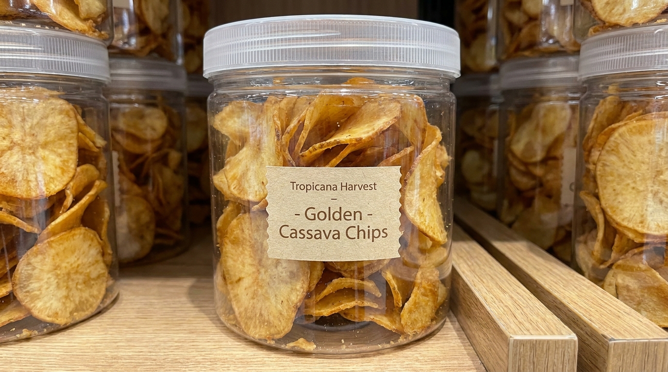 A clear transparent plastic snack jar filled with golden cassava chips on a store shelf, the chips fully visible through the packaging, with a small printed label showing a brand name