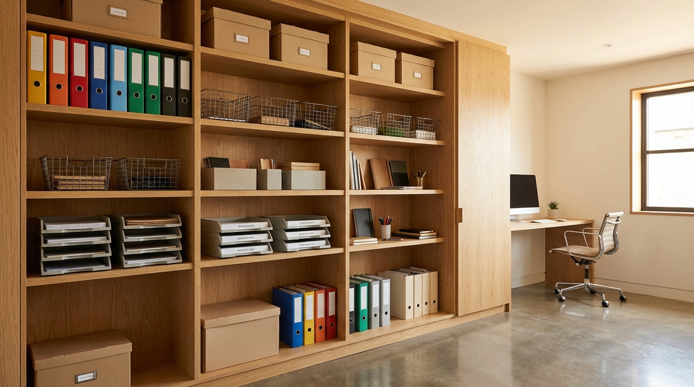 Floor-to-ceiling built-in shelving unit in modern small office with organized files and supplies