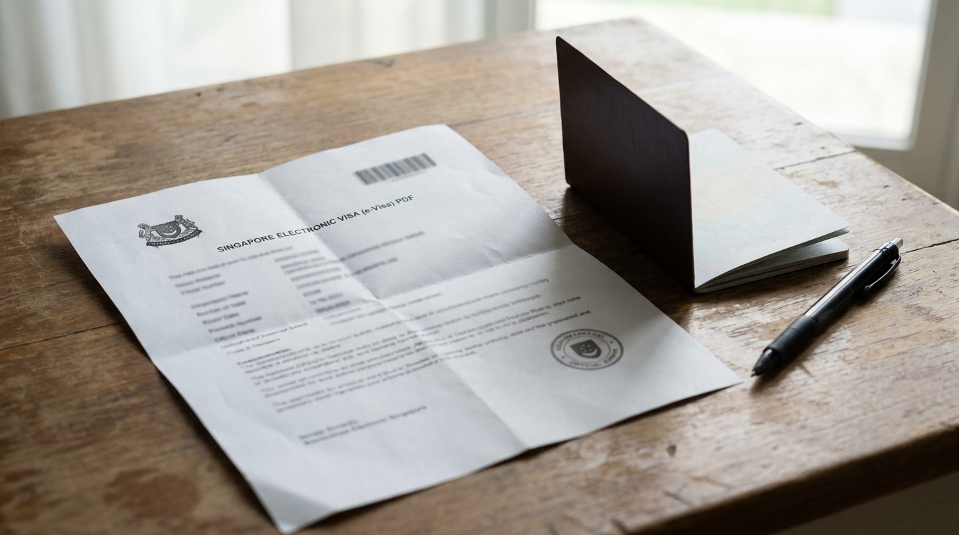 A printed Singapore electronic visa PDF document lying on a wooden desk next to an open passport and a pen, neutral lighting, photographed from directly above with a slight angle, document text not legible
