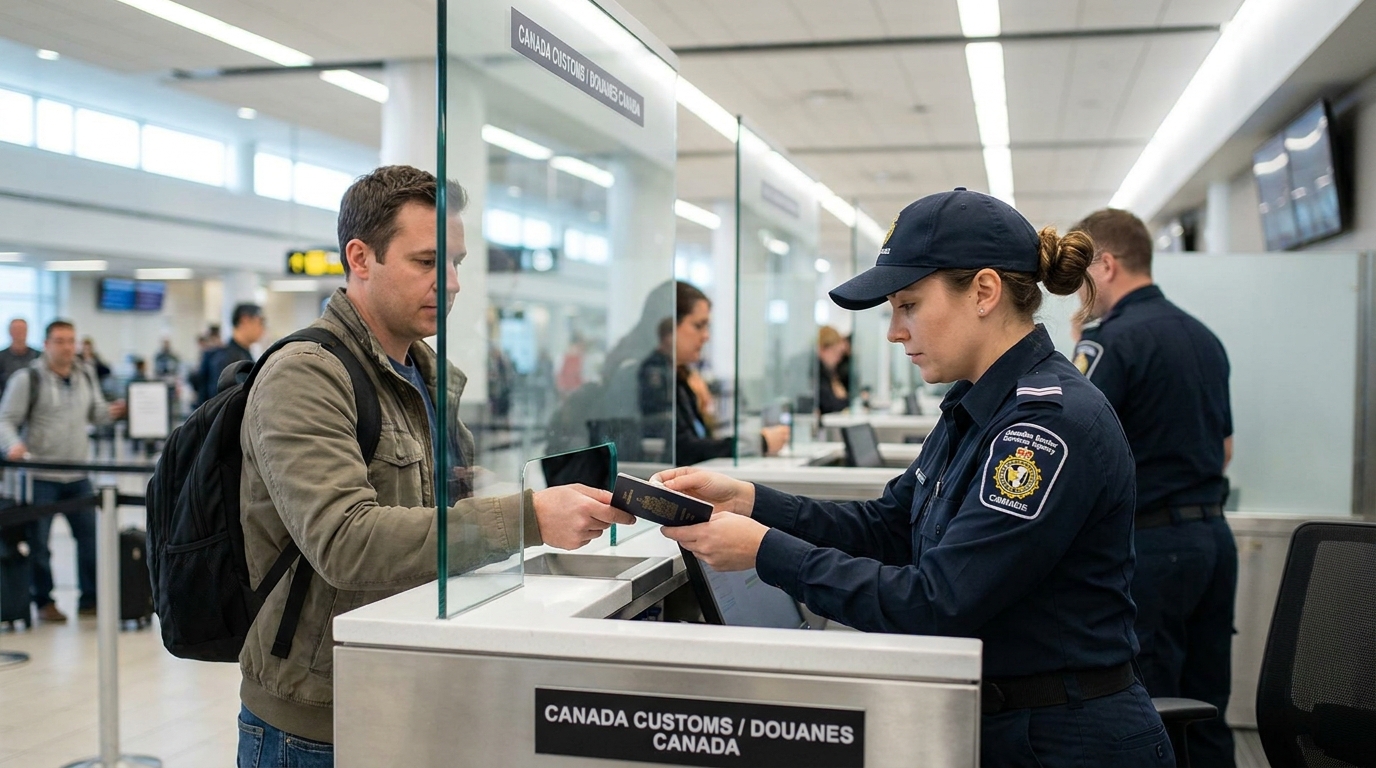 A Canadian border services officer in uniform checking a traveller's passport at an immigration counter inside an international airport
