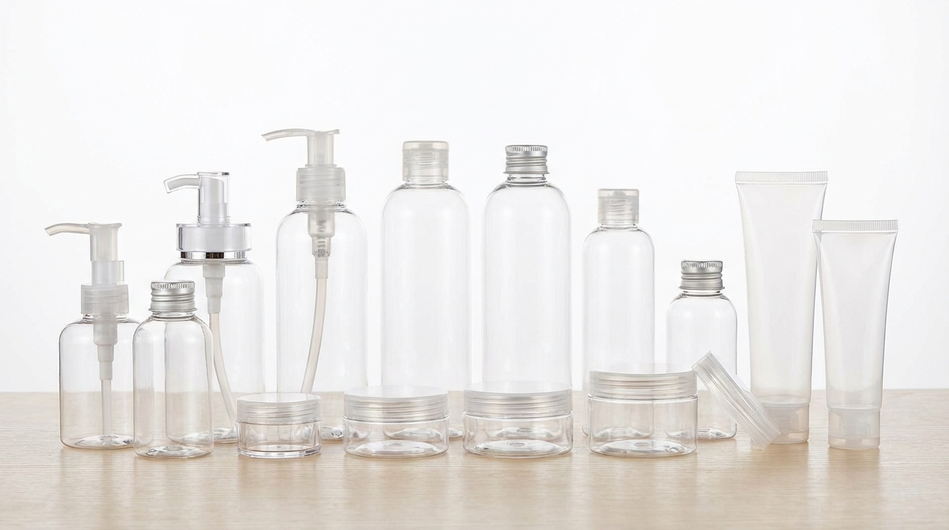 Clear PET plastic cosmetic bottles and containers showing transparency