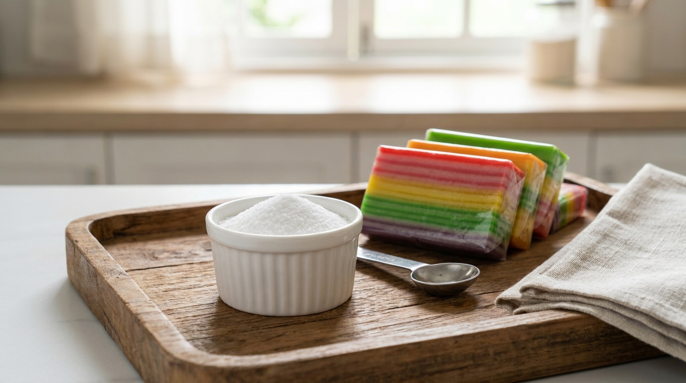 A small white ceramic dish containing fine white table salt placed next to a measuring teaspoon and a stack of traditional Indonesian kue lapis on a wooden tray