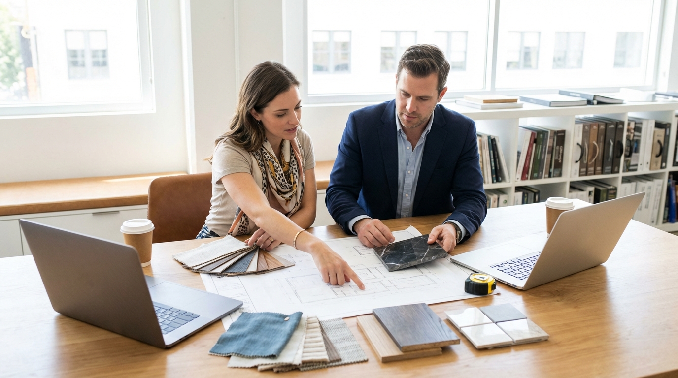 Business owner and interior designer sitting across a table reviewing floor plans and material samples during a project consultation meeting