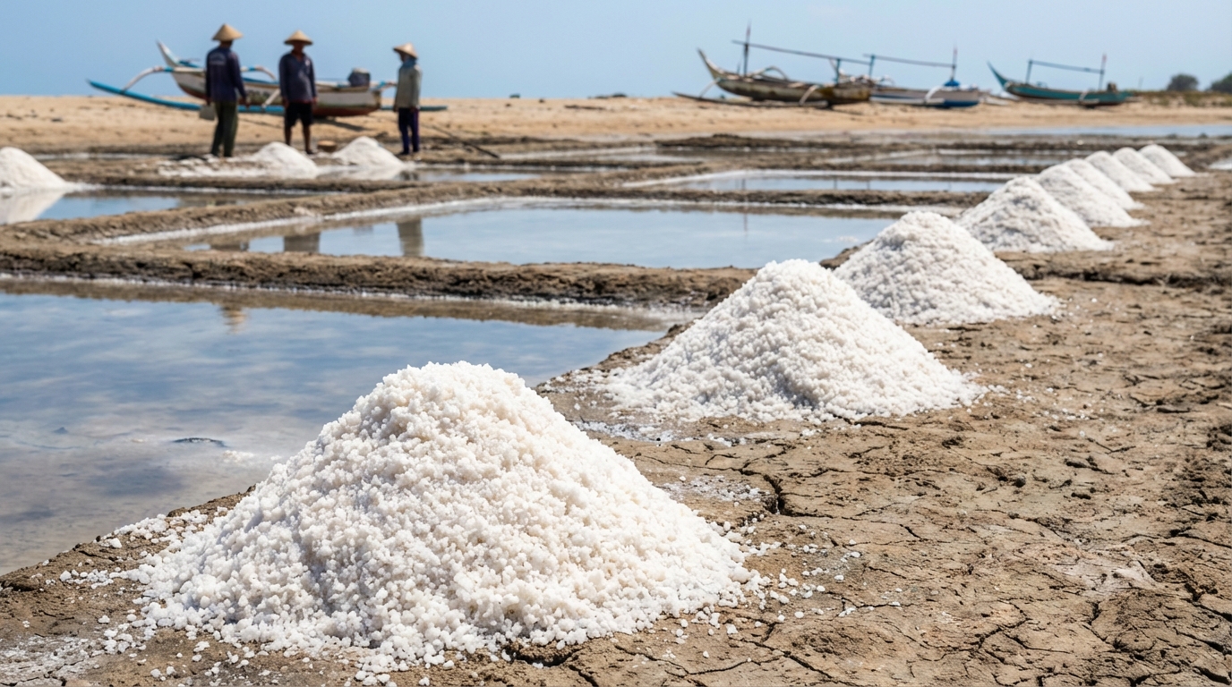 Hamparan tambak garam tradisional di tepi pantai Madura dengan kristal garam putih mengkilap di bawah sinar matahari
