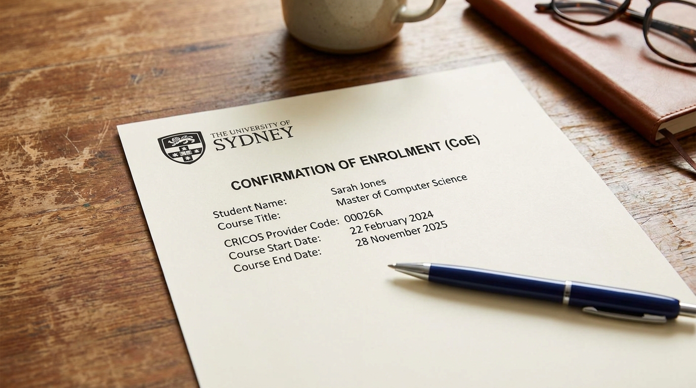 A printed Confirmation of Enrolment letter from an Australian university on a wooden desk, showing the student's name, course title, CRICOS provider code, and course start and end dates, with a pen resting on the page