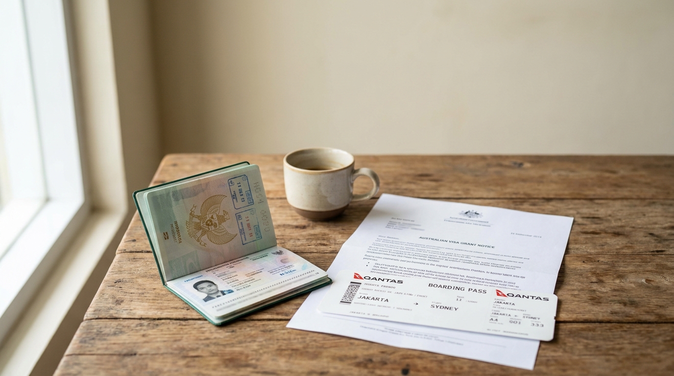 An Indonesian passport open on a wooden table next to a printed Australian visa grant letter and a boarding pass, soft natural lighting from a window, neutral muted background