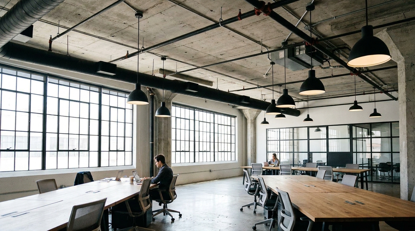 A spacious industrial-style commercial interior with exposed concrete ceiling, visible black steel ductwork and pipes, polished concrete floor, large factory-style windows, and matte black metal fixtures