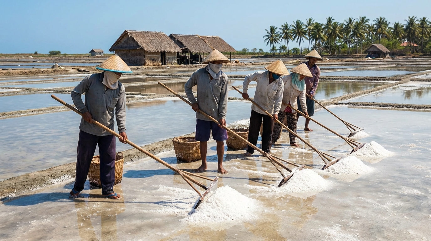Petani garam Indonesia sedang bekerja di tambak garam luas dengan kolam-kolam dangkal berisi air laut, di bawah terik matahari, menggunakan alat kayu untuk mengumpulkan kristal garam