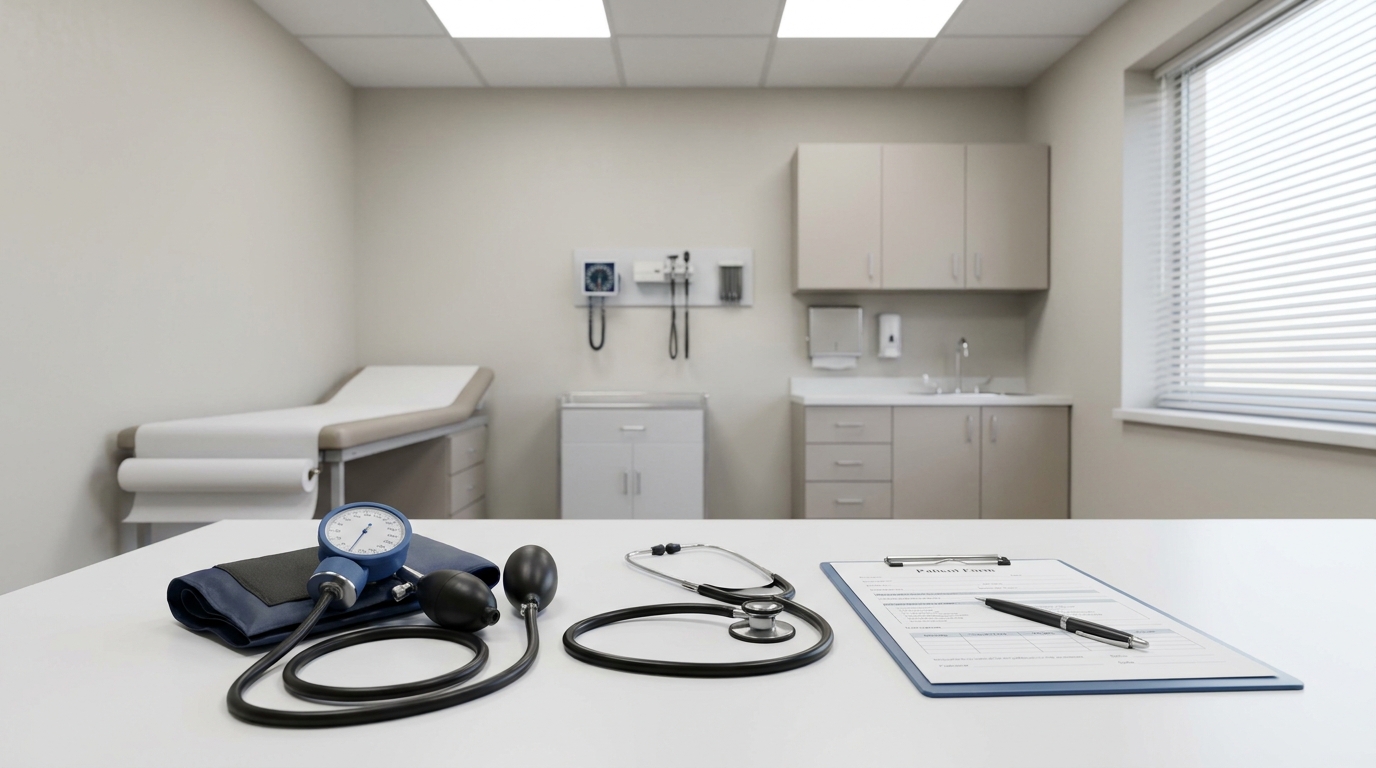 A clean medical examination room with a blood pressure cuff, stethoscope and clipboard arranged on a clinical desk, neutral overhead lighting, photographed at eye level