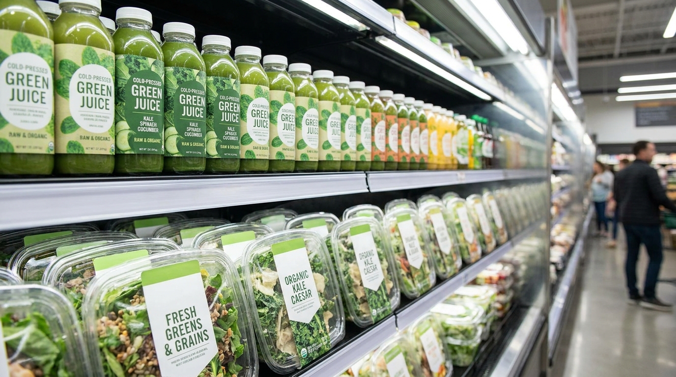 A row of bottled cold-pressed green juices and packaged salads on a supermarket shelf with green and white packaging