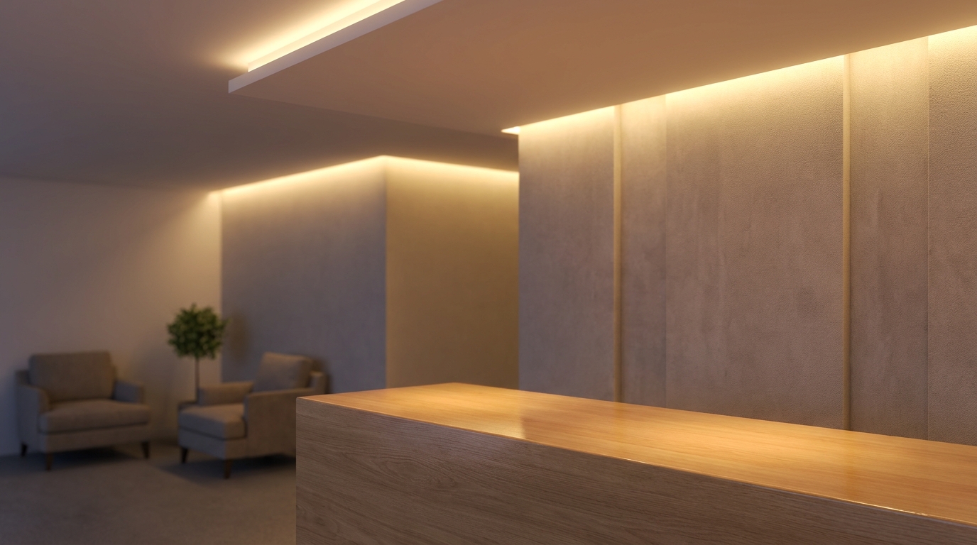 A softly lit modern reception area with recessed perimeter lighting, a warm ambient glow, no visible downlights, and a low timber counter picking up the reflected light