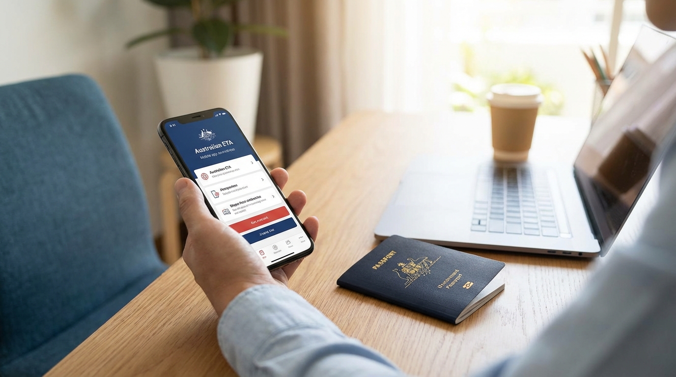 Person holding smartphone using Australian ETA mobile app with passport beside them