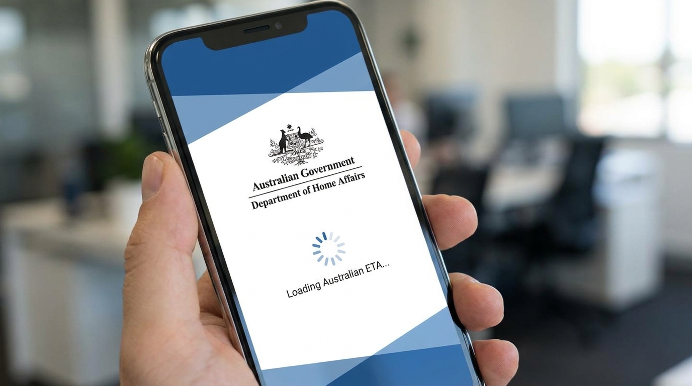 Smartphone screen displaying the official Australian ETA mobile app loading screen with the Department of Home Affairs branding visible