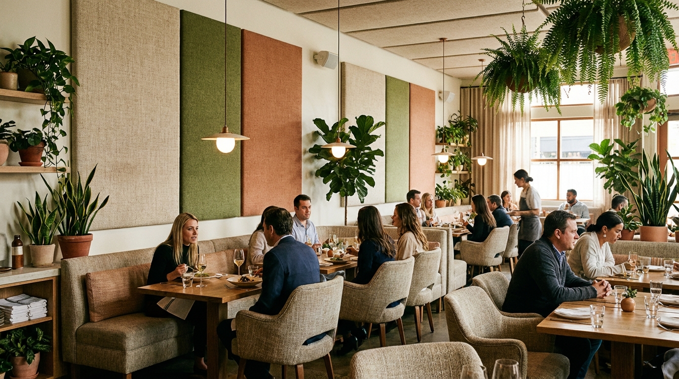 Restaurant dining room with fabric acoustic panels, upholstered seating, and plants for sound absorption