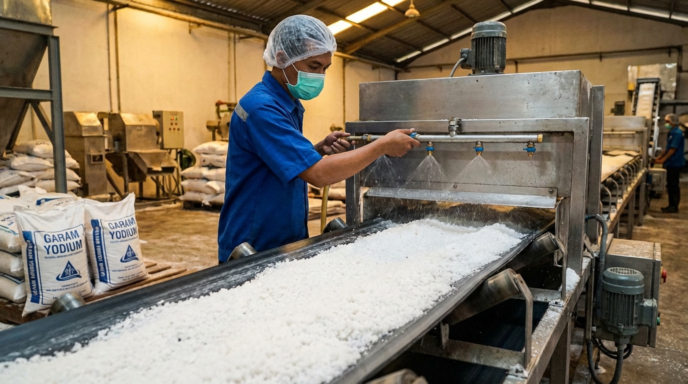 Pekerja pabrik garam Indonesia mengoperasikan mesin penyemprot yodium pada jalur conveyor berisi garam putih halus di dalam ruangan pabrik