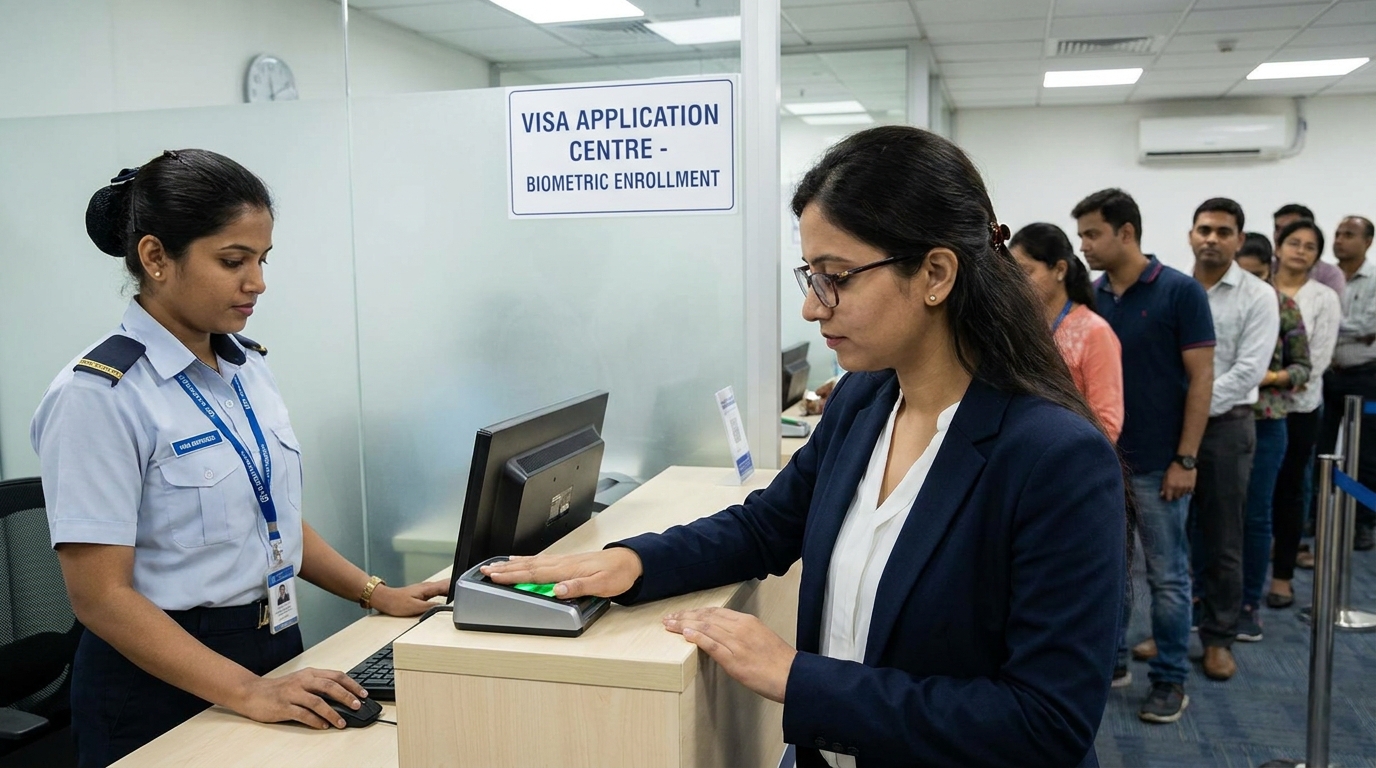 A woman in business attire having her fingerprints scanned by a staff member at a visa application centre counter