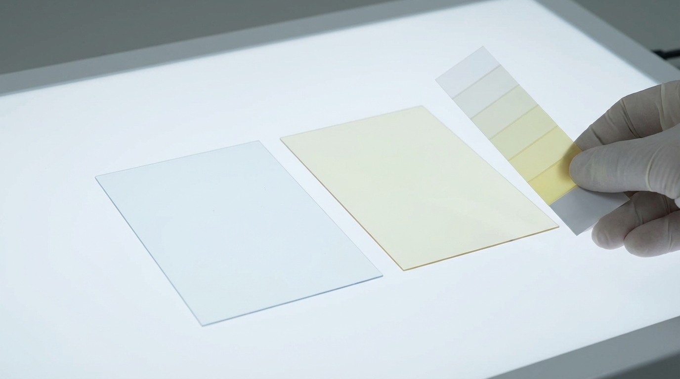 Close-up comparison of two plastic packaging samples side by side showing visible color difference, one slightly more yellowish than the other, on a white inspection table