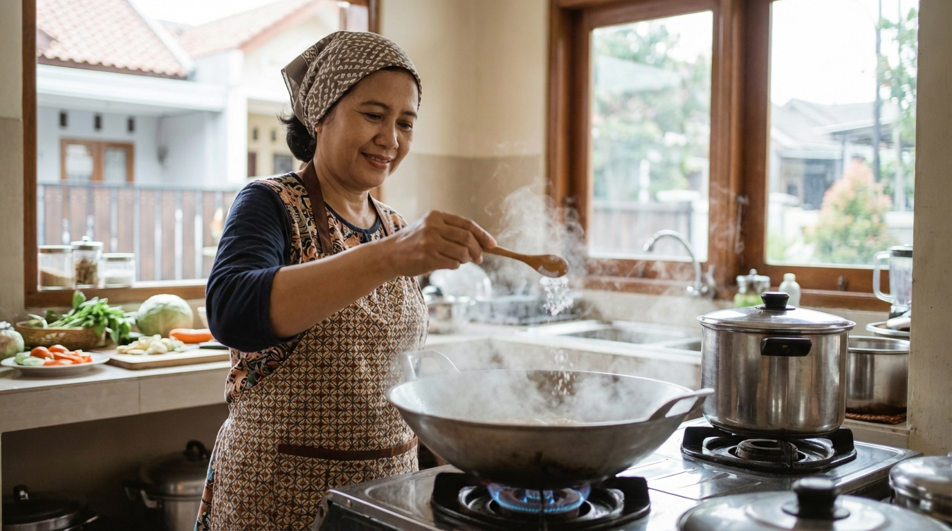 Tangan seorang ibu rumah tangga Indonesia sedang menambahkan garam dari sendok kayu kecil ke dalam panci berisi masakan Indonesia yang sedang mendidih di atas kompor gas, suasana dapur rumah yang hangat