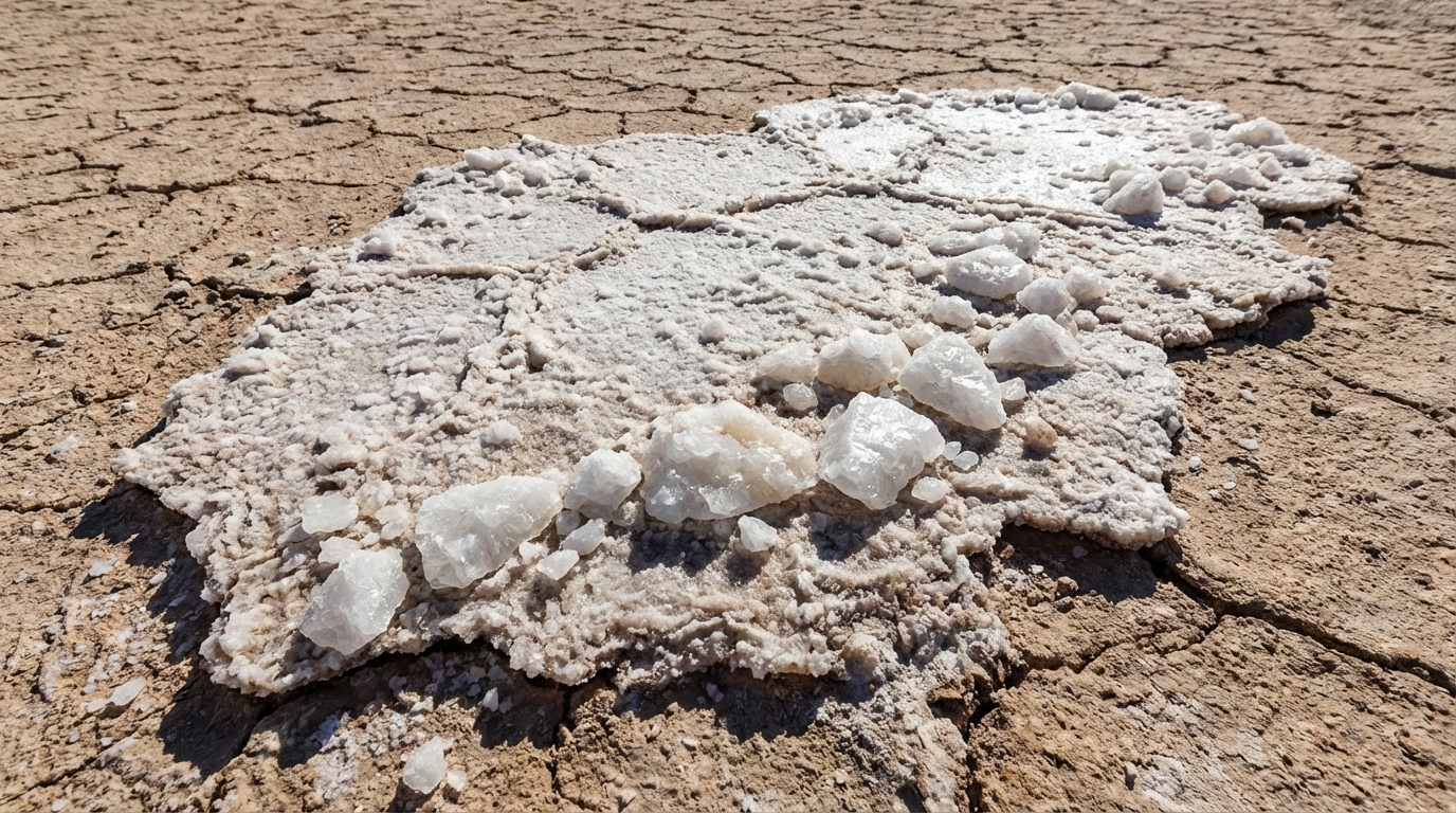 Clumped hardened salt with large white crystalized chunks
