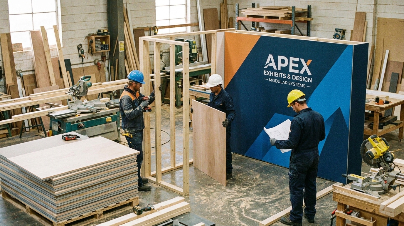 Exhibition workers in a fabrication workshop assembling modular booth panels and a branded display wall, with power tools, timber framing, and finished panels stacked nearby