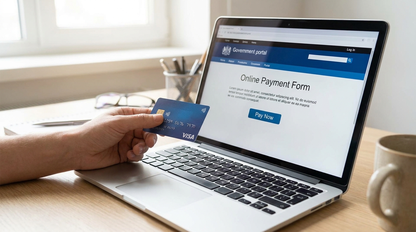 Close-up of a hand holding a Visa credit card next to a laptop displaying an online government payment form, soft natural light from a window, neutral desk surface