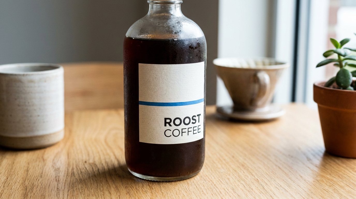 A glass bottle of cold brew coffee with a plain white paper label, a single thin colored stripe, and the brand name in a clean simple font, on a light wooden table