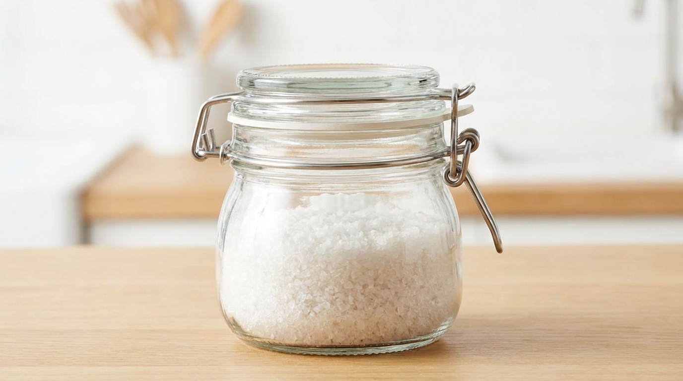 Glass jar with airtight rubber seal lid for storing salt