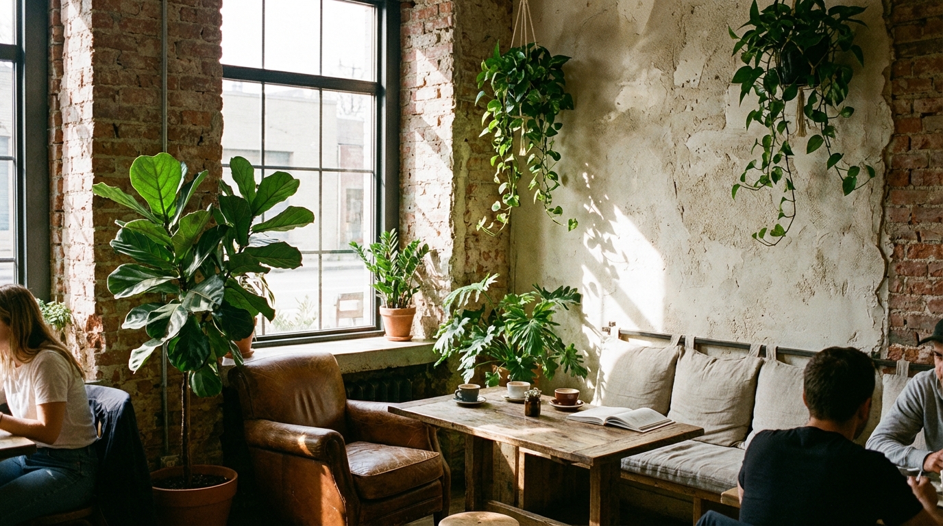 Naturally photogenic restaurant corner with textured walls, greenery, and good natural lighting