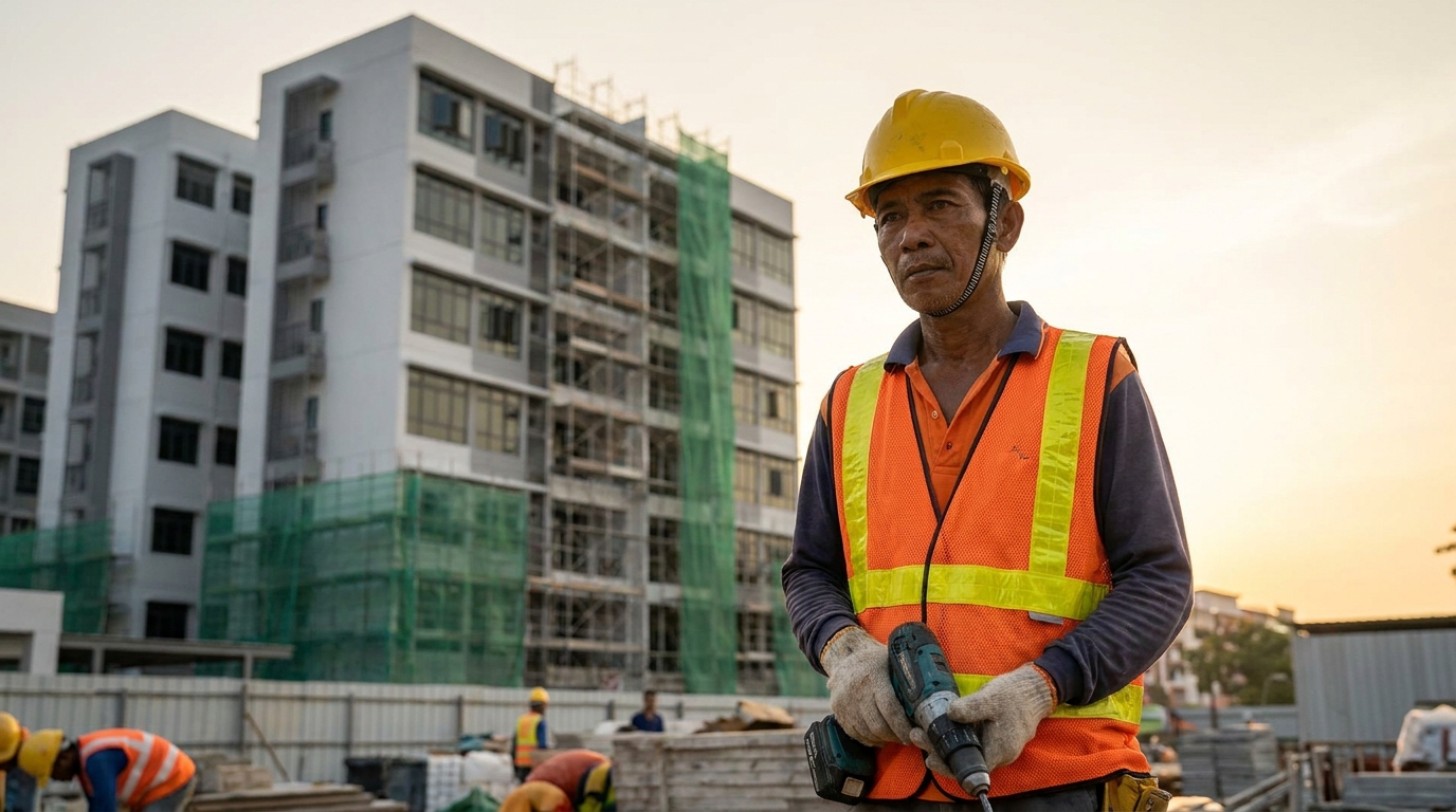 An Indonesian construction worker in safety helmet and reflective vest working at a Singapore building site, mid-rise residential block in background, late afternoon natural light