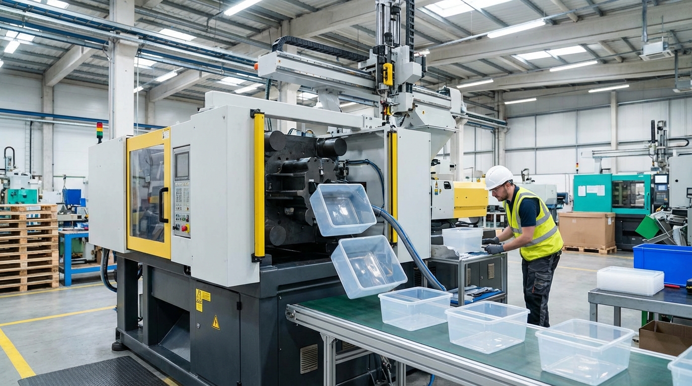 Industrial injection molding machine producing plastic containers in factory setting