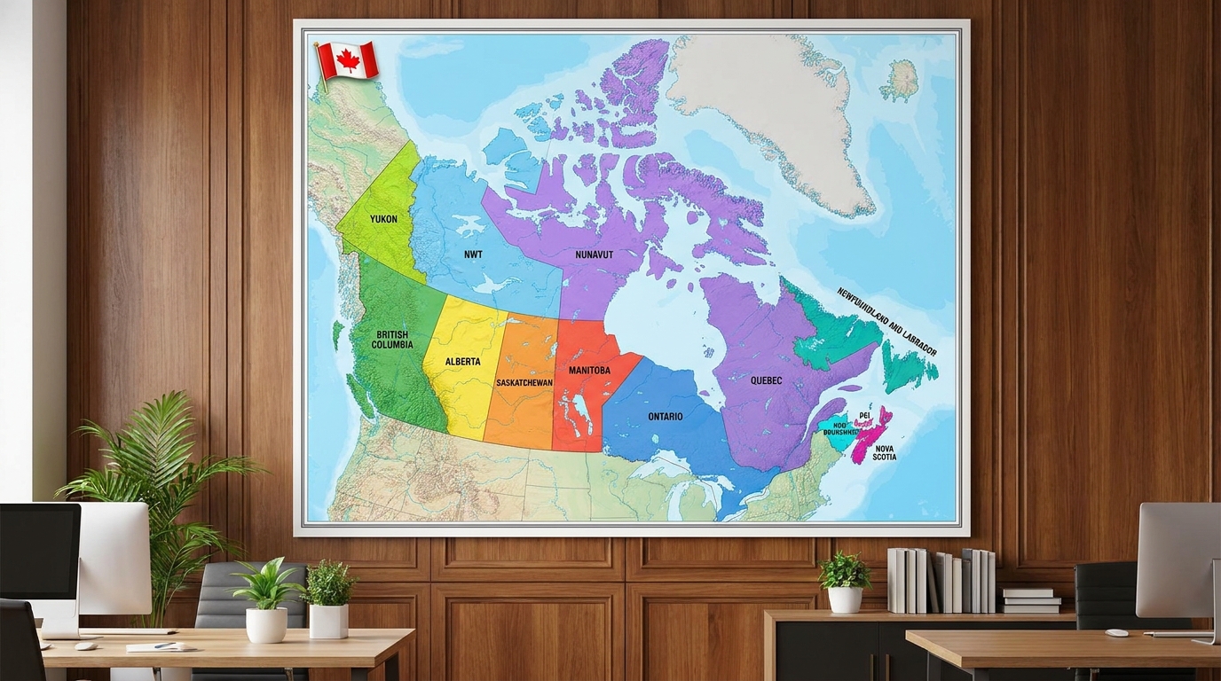 A wall map of Canada showing all provinces and territories highlighted in different colors, mounted on a wood-paneled office wall, with a small Canadian flag pin in the corner, even lighting
