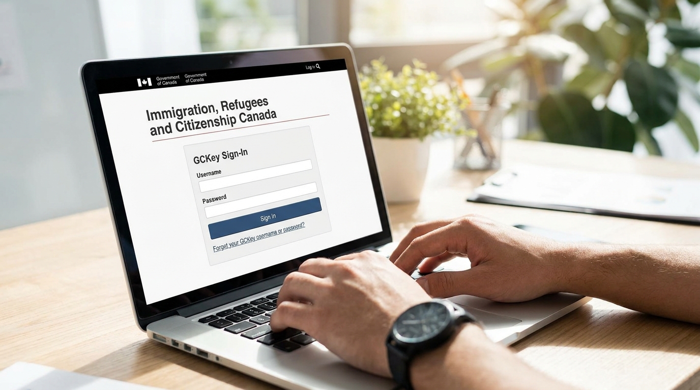 A laptop screen showing a Canadian government immigration portal sign-in page with GCKey login fields, hands typing on the keyboard, soft natural office lighting, neutral wooden desk surface