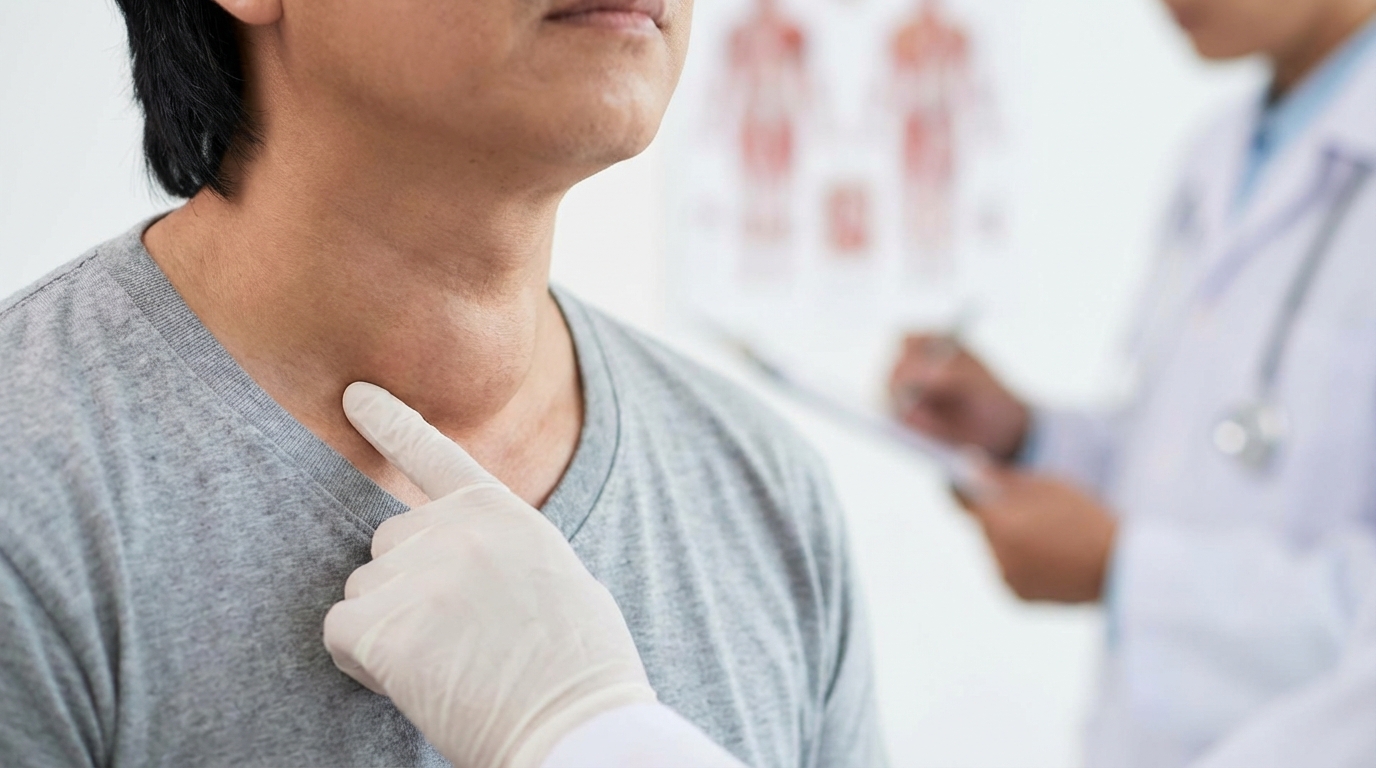 Kelenjar tiroid yang membengkak terlihat sebagai benjolan di bagian depan leher seseorang