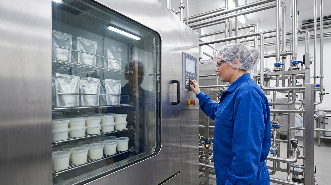A factory worker in a clean uniform and hairnet operating an industrial autoclave sterilizer with several rows of PP plastic retort pouches and small white containers visible inside, surrounded by stainless steel piping in a food processing facility