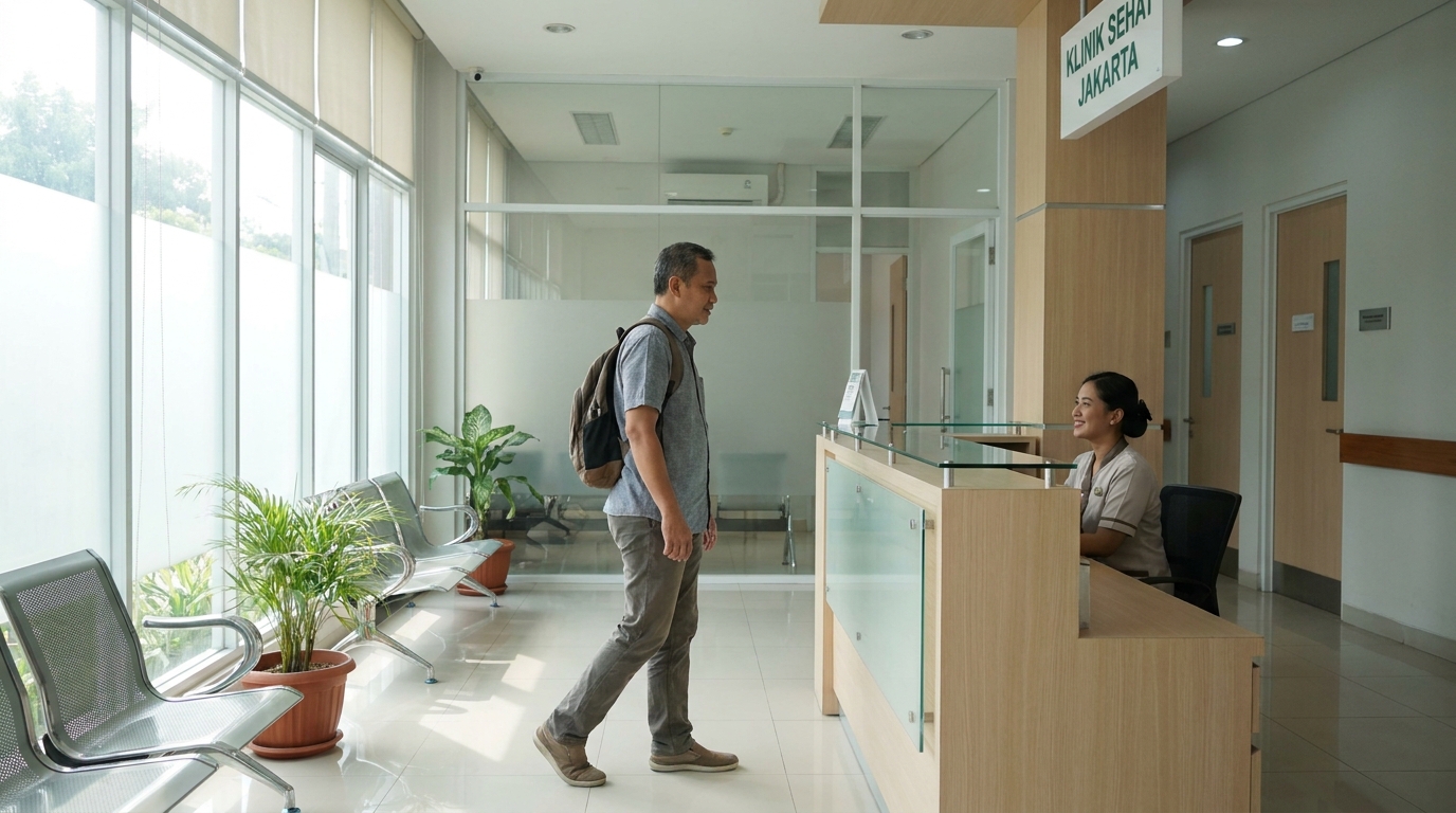 A patient walking into a modern Jakarta clinic reception area with a receptionist behind a low counter, warm daylight coming through side windows, and a private corridor visible in the background leading away from the waiting area