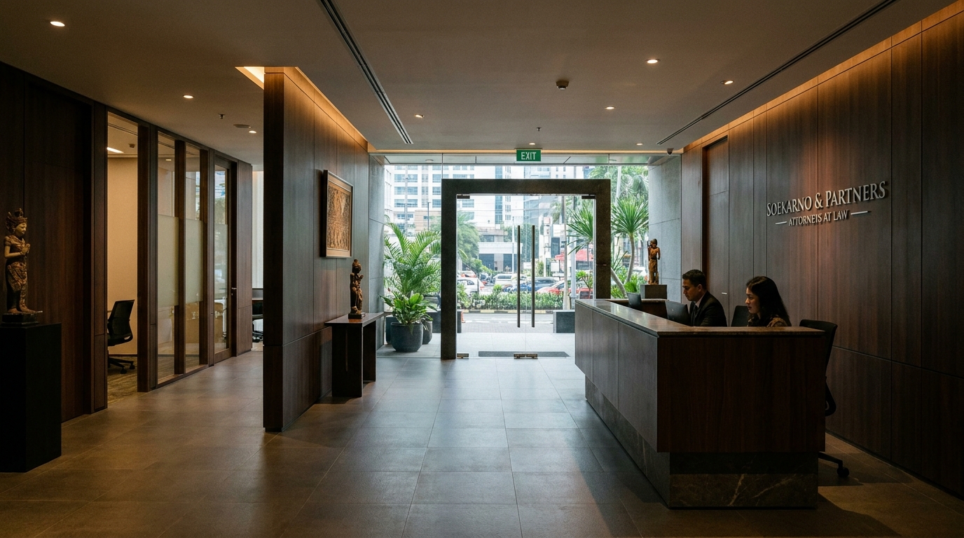 A modern law firm reception area in Jakarta with a separate corridor leading to private meeting rooms, dark timber wall panelling, low ambient lighting, and a discreet receptionist desk angled away from the entrance