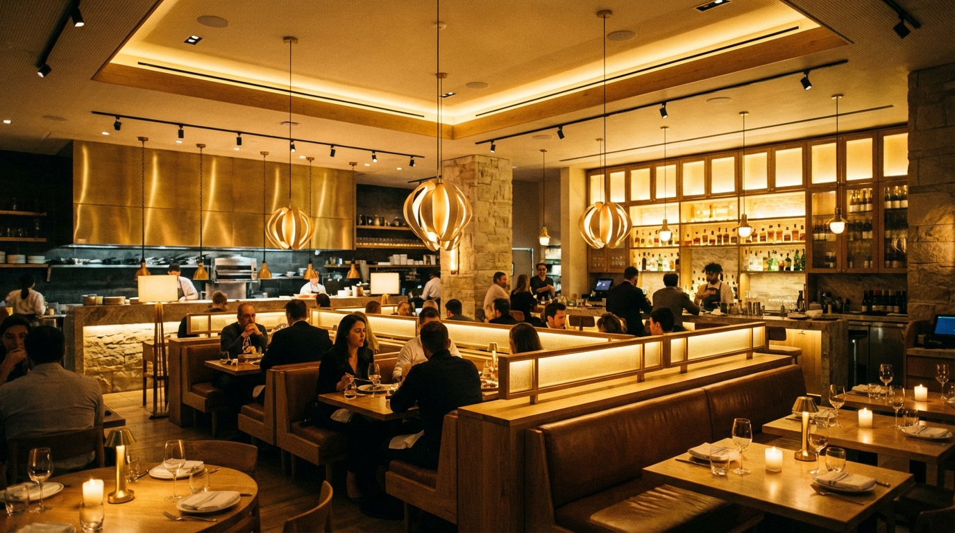 Modern restaurant interior with warm layered lighting at dinner time showing multiple light sources