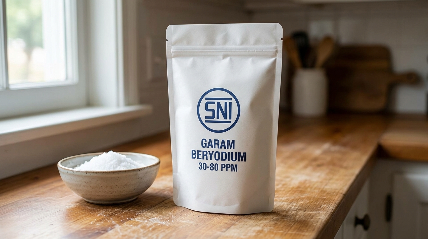 Kemasan garam konsumsi food grade berwarna putih bersih dengan label SNI dan informasi kadar yodium, diletakkan di atas meja kayu dengan pencahayaan alami